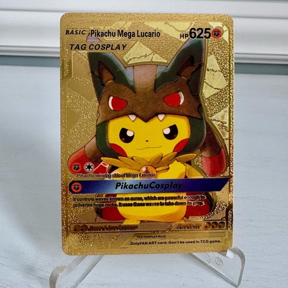 Pokemon Other - Pokemon Pikachu Mega Lucario Cosplay Gold Foil Fan Art Card HP625